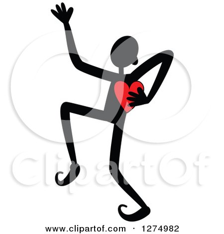 Clipart of a Black Stick Man Dancing and Holding a Red Heart - Royalty Free Vector Illustration by Prawny