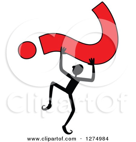 Clipart of a Black Stick Man Holding up a Red Question Mark - Royalty Free Vector Illustration by Prawny