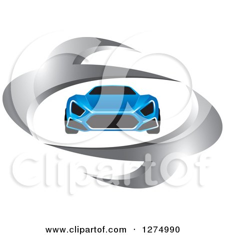 Clipart of a Blue Car Inside a Silver Oval - Royalty Free Vector Illustration by Lal Perera