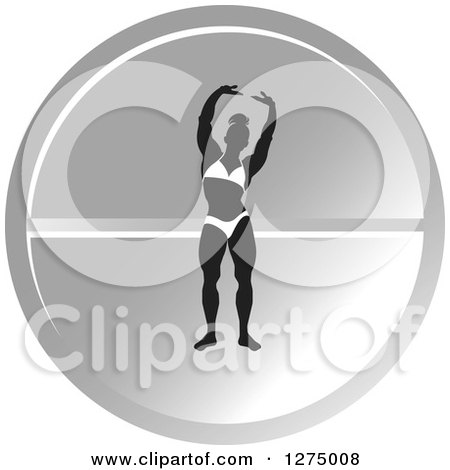 Clipart of a Silhouetted Female Bodybuilder Stretching over a Round Silver Pill - Royalty Free Vector Illustration by Lal Perera