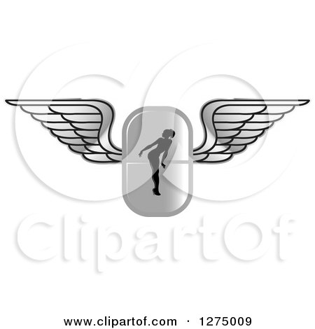 Clipart of a Black Silhouetted Female Fitness Competitor Bending over on a Silver Pill with Wings - Royalty Free Vector Illustration by Lal Perera