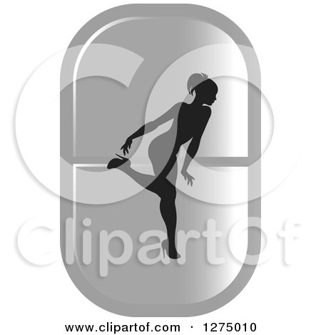 Clipart of a Black Silhouetted Female Fitness Competitor Bending over on a Silver Pill - Royalty Free Vector Illustration by Lal Perera