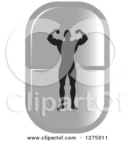 Clipart of a Black Silhouetted Male Bodybuilder Flexing over a Silver Pill - Royalty Free Vector Illustration by Lal Perera