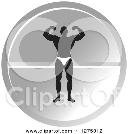 Clipart of a Black Silhouetted Male Bodybuilder Flexing over a Round Silver Pill - Royalty Free Vector Illustration by Lal Perera