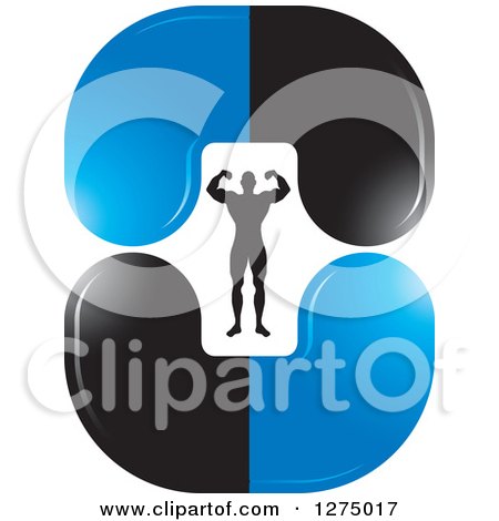 Clipart of a Flexing Silhouetted Body Builder Inside Blue and Black Steroid Pills - Royalty Free Vector Illustration by Lal Perera