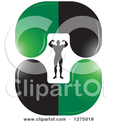 Clipart of a Flexing Silhouetted Body Builder Inside Green and Black Steroid Pills - Royalty Free Vector Illustration by Lal Perera