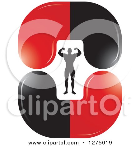 Clipart of a Flexing Silhouetted Body Builder Inside Red and Black Steroid Pills - Royalty Free Vector Illustration by Lal Perera