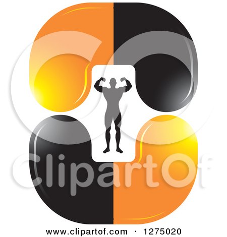 Clipart of a Flexing Silhouetted Body Builder Inside Orange and Black Steroid Pills - Royalty Free Vector Illustration by Lal Perera