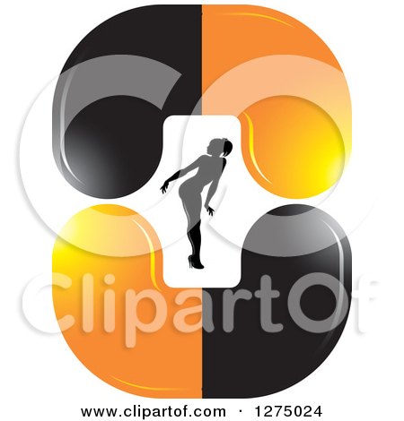 Clipart of a Silhouetted Woman Bending over Inside Orange and Black Beauty Pills - Royalty Free Vector Illustration | Royalty Free Vector Illustration by Lal Perera