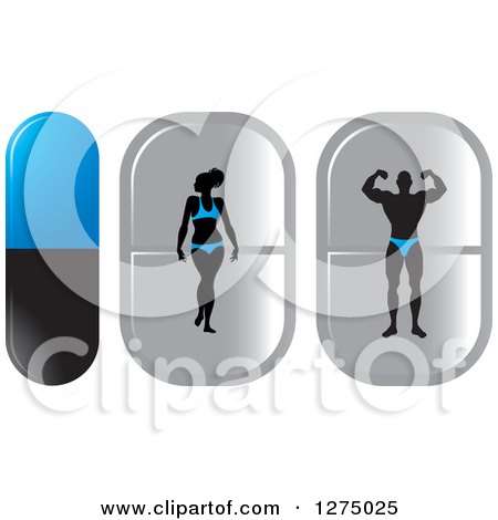 Clipart of a Silhouetted Bikini Competitor Woman and Bodybuilder Man Flexing Inside Blue Black and Silver Pills - Royalty Free Vector Illustration by Lal Perera