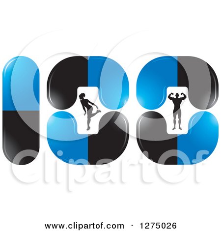 Clipart of a Silhouetted Woman Bending over and Bodybuilder Man Flexing Inside Blue and Black Pills - Royalty Free Vector Illustration by Lal Perera