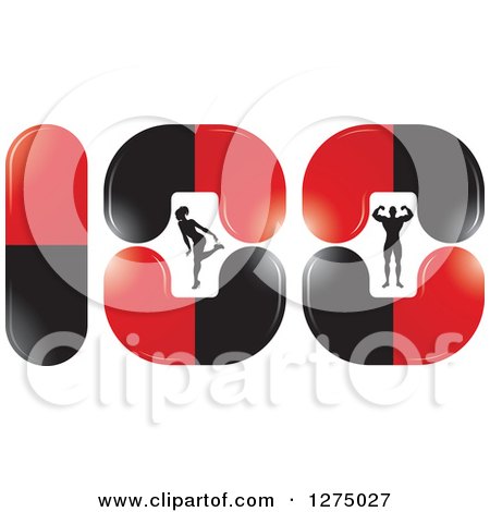 Clipart of a Silhouetted Woman Bending over and Bodybuilder Man Flexing Inside Red and Black Pills - Royalty Free Vector Illustration by Lal Perera