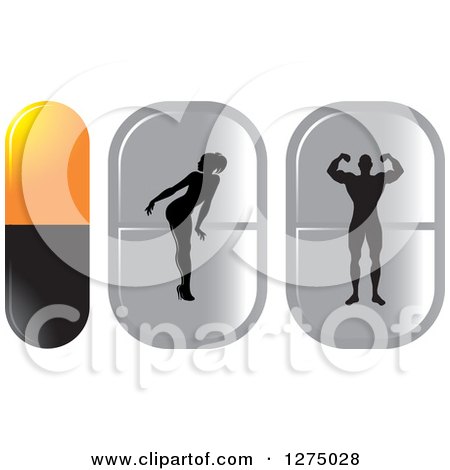 Clipart of a Silhouetted Woman Bending over and Bodybuilder Man Flexing Inside Orange Black and Silver Pills - Royalty Free Vector Illustration by Lal Perera