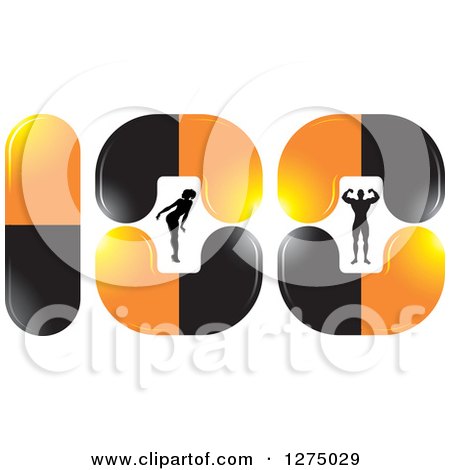 Clipart of a Silhouetted Woman Bending over and Bodybuilder Man Flexing Inside Orange and Black Pills - Royalty Free Vector Illustration by Lal Perera