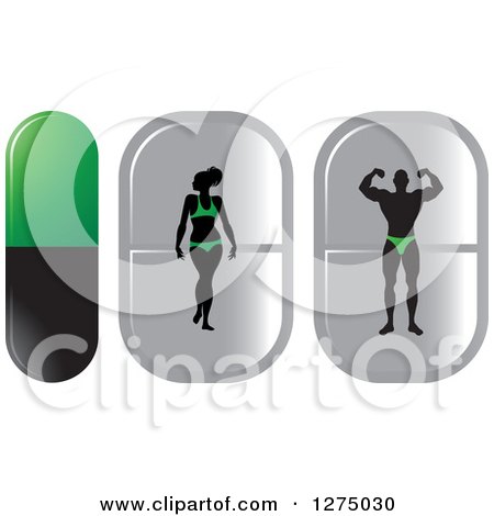 Clipart of a Silhouetted Bikini Competitor Woman and Bodybuilder Man Flexing Inside Green Black and Silver Pills - Royalty Free Vector Illustration by Lal Perera