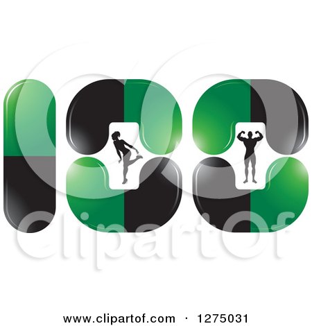 Clipart of a Silhouetted Woman Bending over and Bodybuilder Man Flexing Inside Black and Green Pills - Royalty Free Vector Illustration by Lal Perera