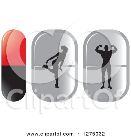 Clipart of a Silhouetted Woman Bending over and Bodybuilder Man Flexing Inside Red Black and Silver Pills - Royalty Free Vector Illustration by Lal Perera