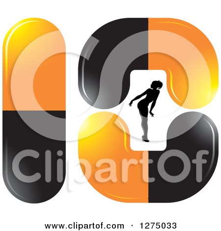 Clipart of a Black Silhouetted Female Fitness Bikini Competitor Bending over in Black and Orange Pills - Royalty Free Vector Illustration by Lal Perera