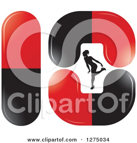 Clipart of a Black Silhouetted Female Fitness Bikini Competitor Bending over in Black and Red Pills - Royalty Free Vector Illustration by Lal Perera