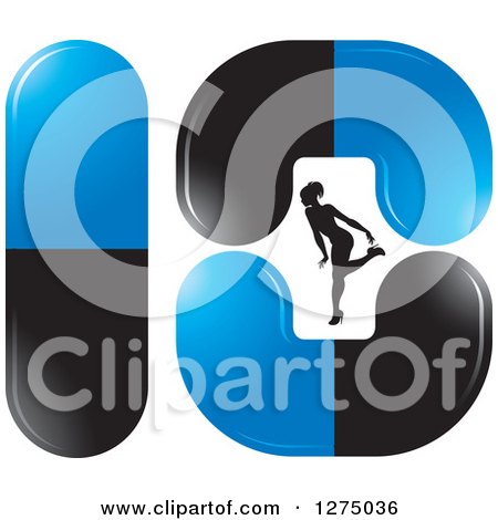 Clipart of a Black Silhouetted Female Fitness Bikini Competitor Bending over in Black and Blue Pills - Royalty Free Vector Illustration by Lal Perera