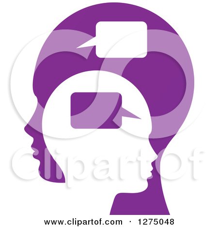 Clipart of a Purple Parent Silhouetted Head and Child Head with Speech Balloons - Royalty Free Vector Illustration by Lal Perera