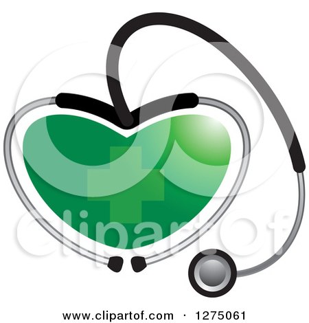 Clipart of a Medical Stethoscope Forming a Heart Around a Green Cross - Royalty Free Vector Illustration by Lal Perera