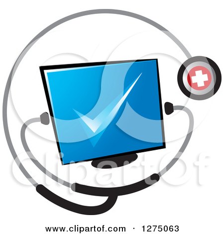 Clipart of a Medical Stethoscope Around a Check Mark on a Blue Screen - Royalty Free Vector Illustration by Lal Perera
