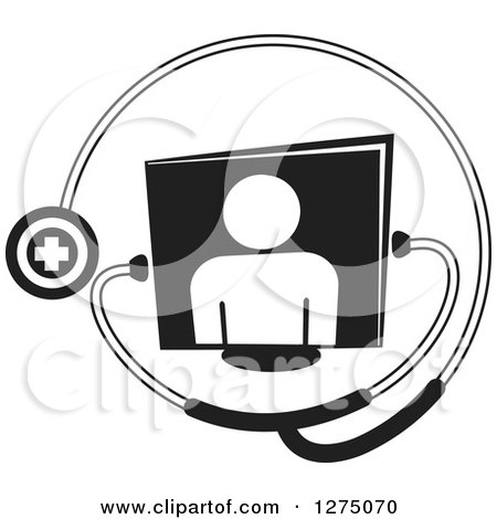 Clipart of a Black and White Medical Stethoscope Around a Person on a Screen - Royalty Free Vector Illustration by Lal Perera