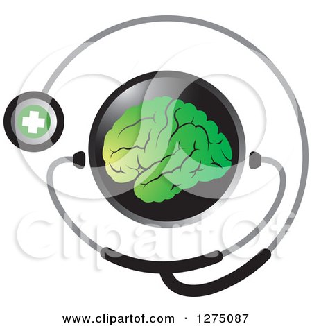 Clipart of a Round Black Icon with a Green Brain and Medical Stethoscope - Royalty Free Vector Illustration by Lal Perera