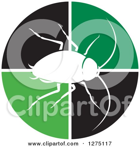 Clipart of a White Silhouetted Cockroach on a Black and Green Circle - Royalty Free Vector Illustration by Lal Perera