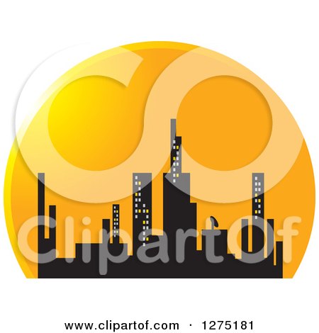 Clipart of a City Skyline in a Sunset Circle - Royalty Free Vector Illustration by Lal Perera