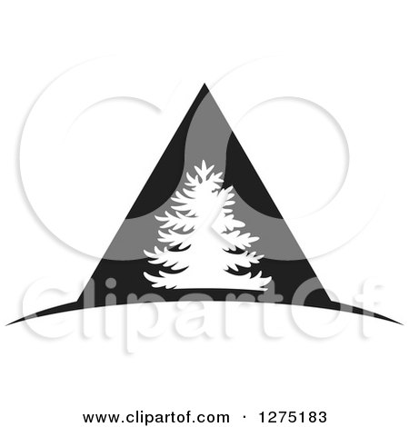 Clipart of a White Evergreen Tree over a Black Triangle - Royalty Free Vector Illustration by Lal Perera