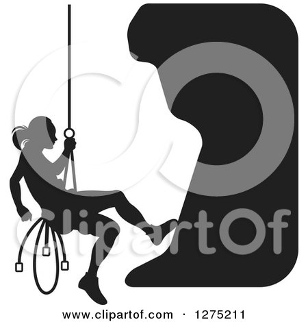 Clipart of a Black and White Silhouetted Female Mountain Climber Rapelling - Royalty Free Vector Illustration by Lal Perera