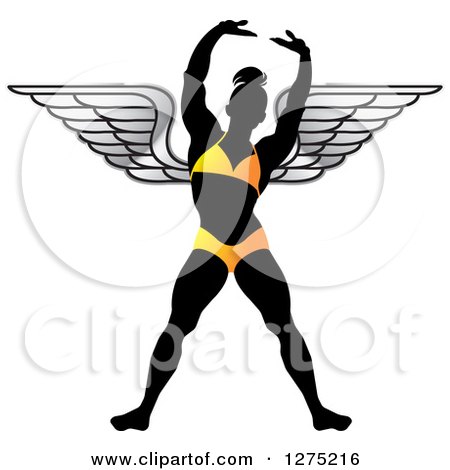 Clipart of a Silhouetted Stretching Female Bodybuilder with Wings, in a Yellow Suit - Royalty Free Vector Illustration by Lal Perera
