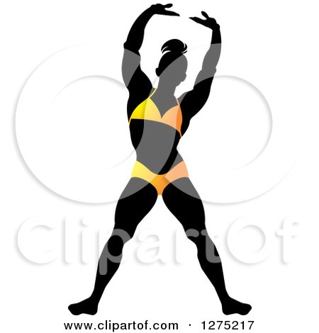 Clipart of a Silhouetted Stretching Female Bodybuilder in a Yellow Suit - Royalty Free Vector Illustration by Lal Perera
