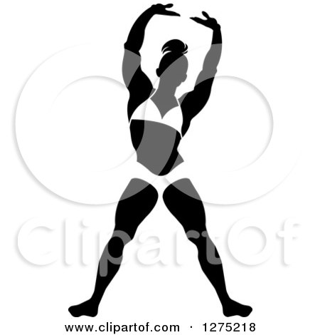 Clipart of a Silhouetted Black and White Stretching Female Bodybuilder - Royalty Free Vector Illustration by Lal Perera