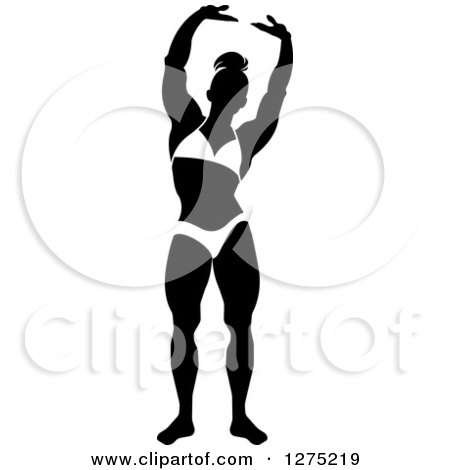 Clipart of a Silhouetted Black and White Stretching Female Bodybuilder 2 - Royalty Free Vector Illustration by Lal Perera