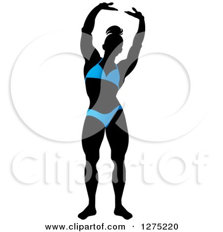 Clipart of a Silhouetted Stretching Female Bodybuilder in a Blue Suit - Royalty Free Vector Illustration by Lal Perera
