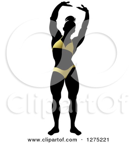 Clipart of a Silhouetted Stretching Female Bodybuilder in a Gold Suit - Royalty Free Vector Illustration by Lal Perera