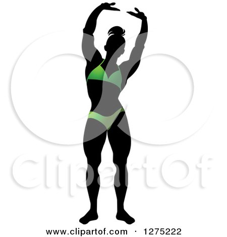 Clipart of a Silhouetted Stretching Female Bodybuilder in a Green Suit - Royalty Free Vector Illustration by Lal Perera