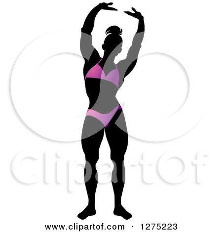 Clipart of a Silhouetted Stretching Female Bodybuilder in a Purple Suit - Royalty Free Vector Illustration by Lal Perera