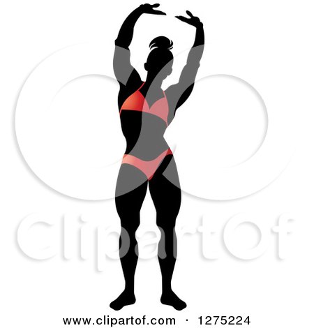 Clipart of a Silhouetted Stretching Female Bodybuilder in a Red Suit - Royalty Free Vector Illustration by Lal Perera