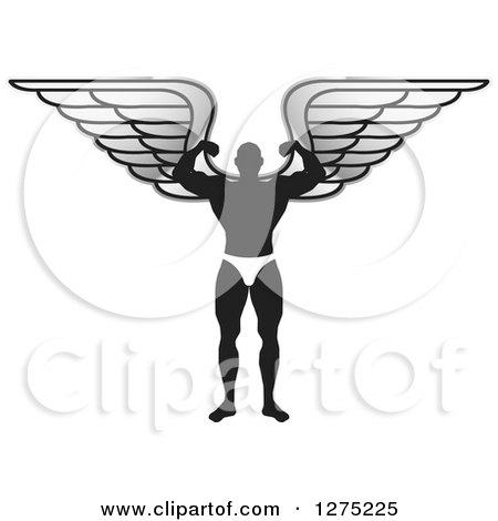 Clipart of a Silhouetted Male Bodybuilder Angel Flexing - Royalty Free Vector Illustration by Lal Perera