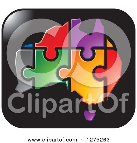 Clipart of a Colorful Australia Puzzle Map on a Black Icon - Royalty Free Vector Illustration by Lal Perera