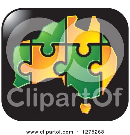 Clipart of a Green and Orange Australia Puzzle Map on a Black Icon - Royalty Free Vector Illustration by Lal Perera