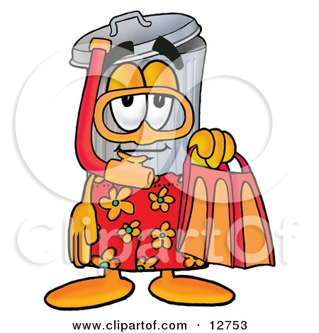 Clipart Picture of a Garbage Can Mascot Cartoon Character in Orange and Red Snorkel Gear by Mascot Junction