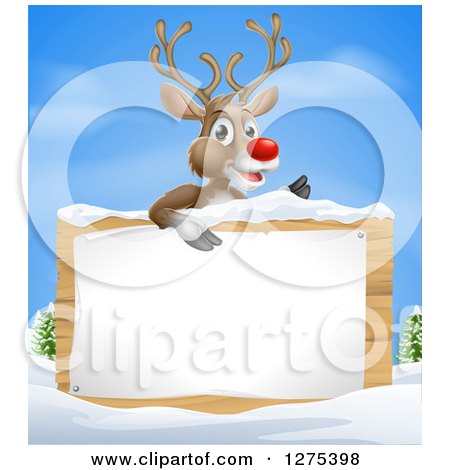 Clipart of a Christmas Red Nosed Reindeer over a Wood Sign in the Snow - Royalty Free Vector Illustration by AtStockIllustration