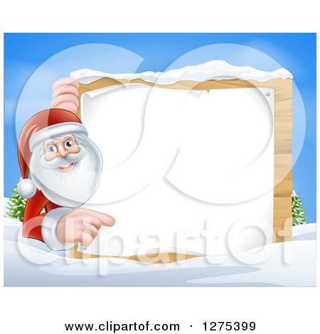 Clipart of Santa Claus Smiling and Pointing Around a Blank Christmas Sign in the Snow During the Day - Royalty Free Vector Illustration by AtStockIllustration