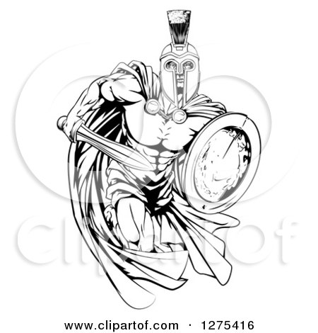 Clipart of a Black and White Muscular Spartan Man in a Cape, Running with a Sword and Shield - Royalty Free Vector Illustration by AtStockIllustration
