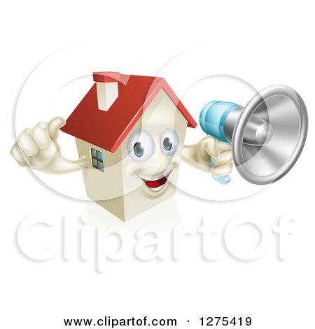 Clipart of a Happy House Character Holding a Thumb up and a Megaphone - Royalty Free Vector Illustration by AtStockIllustration